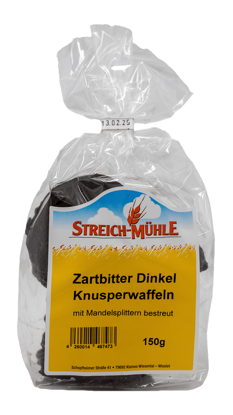 Dinkel-Knusperwaffeln Zartbitter Mandeln-Dinkel-Knusperwaffeln Zartbitter Mandeln-Streich Mühle